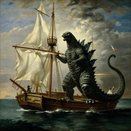 the raft of the medusa with godzilla standing in the water, painting by lawrance alma - tadema