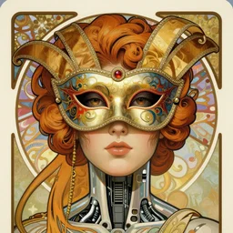 A close-up portrait of a beautiful female robot wearing an intricate venetian mask by Alphonse Mucha, exposed inner structure, glowing eyes, art nouveau card, wlop, trending on artstation