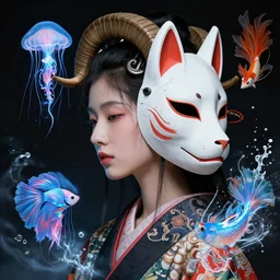 3 d goddess close - up profile punk portrait ram skull. beautiful intricately detailed japanese crow kitsune mask and clasical japanese kimono. betta fish, jellyfish phoenix, bio luminescent, plasma, ice, water, wind, creature, artwork by tooth wu and wlop and beeple and greg rutkowski