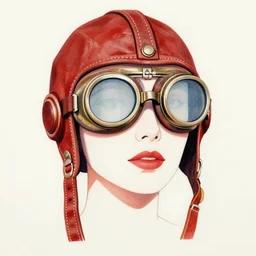 woman wearing old leather aviator helmet and steampunk goggles, red tones, detailed drawing, flat colors
