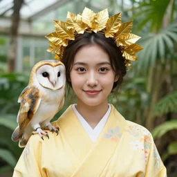 portrait photograph of an extremely beautiful!!!! young female, symmetric face!, symmetric round detailed eyes!!, slight smile, natural light, wearing a yellow kimono!! with a very detailed barn owl! on her shoulder in a tropical greenhouse. looking at the camera!!. golden crown made of golden leaves. super resolution. extremely detailed. graflex camera!, bokeh!!!!! trending on artstation.
