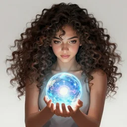 anime girl with curly hair holding a magical orb, wlop, concept art, digital painting, trending on artstation, highly detailed, epic composition, 8 k uhd