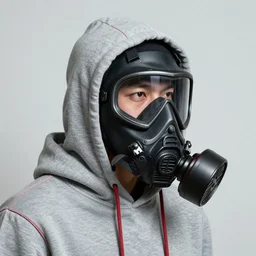 detailed 6 0 0 mm realistic photography of asian guy wear coolest red line grey hoodies and black wolf gasmask focuses on the nuances of the human face and subtle shifts in tonal value, silhouette composition, neutral, cool - toned palette, fluid patterns, powerful composition, opaque paints, grid method.
