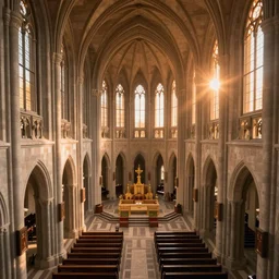 huge church interior lumen unreal 5, sunset, seen slightly from above, 8 k