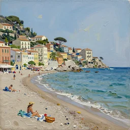 impasto relief painterly sketch in rich, glossy oil paint, of a beautiful italian beach scene, claire tabouret