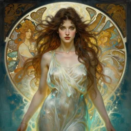 portrait of a beautiful alluring female goddess wraith in a glowing lake, detailed, centered, digital painting, artstation, concept art, donato giancola, Dante Gabriel Rossetti, alphonse mucha, Joseph Christian Leyendecker, WLOP, Boris Vallejo, Breathtaking, 8k resolution, extremely detailed, beautiful, establishing shot, artistic, hyperrealistic, beautiful face, octane render