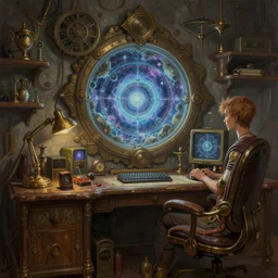 steampunk home office overseeing a magical portal, very detailed painting, hyperrealism, trending on artstation