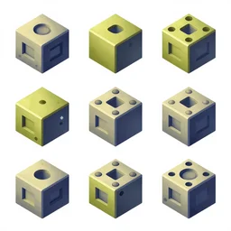 different isometric props by the artist Alexey Druzhkov Rendering six different isometric game assets on the shape of blocks , full of details, by pinterest and Alexey Druzhkov , art book, trending on artstation