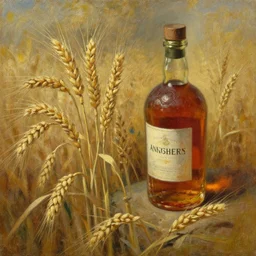 oil painting of barley grains, plants and whiskey bottle, art by anders zorn, wonderful masterpiece by greg rutkowski, beautiful cinematic light, american romanticism by greg manchess, creation by tyler edlin