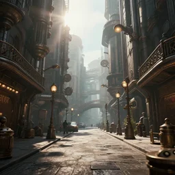 photorealistic steampunk city streets. daylight. sunlight. lens flare. light fixtures. 8K. detailed. photorealism. artstation. 25mm f/1.7 ASPH Lens. ultra realistic