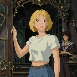 scene of a woman searching a haunted house, blonde, cropped t - shirt, jeans, horror, film still, finely detailed features, baroque, digital painting, studio ghibli, tankobon, painted by ilya kuvshinov and krenz cushart and william - adolphe bouguereau and alphonse mucha