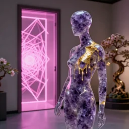 beautiful mannequin sculpted out of amethyst by billelis + lit with geometric neon dripping gold + kintsugi, facing a doorway opening with neon pink geometric fractal light + flowering bonsai trees + lighting in background!!, transcendent, clean linework, dramatic, finely detailed, award winning, 4 k, trending on artstation, photorealistic, volumetric lighting, octane render