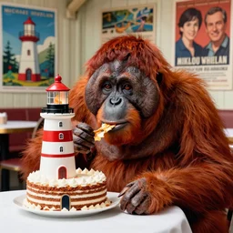 close portrait of red orangutan as eating birthday cake in form of lighthouse, open terrace of restaurant, white table, travel poster artwork by michael whelan and tomer hanuka, high contrast, full of details, by makoto shinkai and thomas kinkade, matte painting, trending on artstation and unreal engine