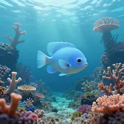 an extremely cute alien fish swimming an alien habitable underwater planet, coral reefs, dream - like atmosphere, water, plants, peaceful, serenity, calm, transparent water, reefs, fish, coral, inner peace, awareness, silence, nature, evolution, art by jamie hewlett and z. w. gu, masterpiece, trending on artstation, 8 k