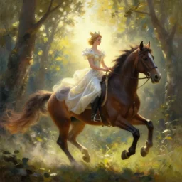 painting of backlit queen riding fast on horse, forest light, greg rutkowski, heavenly bright light, artstation