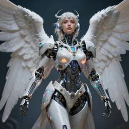 female angel with solarpunk mecha humanoid robotic parts with bright led lights, pudica pose gesture, by renoir, ultra - realistic and intricate, hdr 8 k