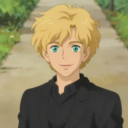young man with medium - length, curly, golden hair, perfectly proportioned face, aquamarine eyes, sweet smile, wearing a black suit, natural lighting, path traced, highly detailed, high quality, cartoon, digital painting, by new haicheng and studio ghibli