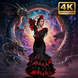 ( hyperrealist distant portrait of a girl dressed as a flamenco and a portal of dragons, in the background the universe. ) by anato finnstark, dynamic lighting, beautiful, trending on artstation, wallpaper, 4 k, award winning, digital art, very detailed