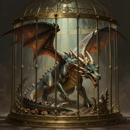 a dragon in a large reinforced cage, magic the gathering art, d & d, fantasy, intricate, cinematic lighting, highly detailed, digital painting, artstation, concept art, smooth, sharp focus, illustration, art by artgerm and greg rutkowski and alphonse mucha