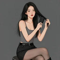 charcoal illustration of a beautiful young supple asian woman sitting and brushing her long hair. wearing trendy fashion,, modern aesthetic, trending on pinterest