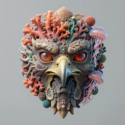 portrait intricate mask, eagle, coral, jelly fish, mandelbulb 3 d, fractal flame, octane render, cyborg, biomechanical, futuristic, by ernst haeckel