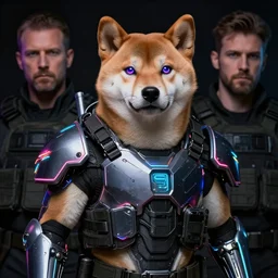 tactical military neon exoskeleton armor, realistic anthropomorphic shiba inu, neon eyes light, fantasy, dark, portrait by donato giancola and greg rutkowski and wayne barlow, realistic face
