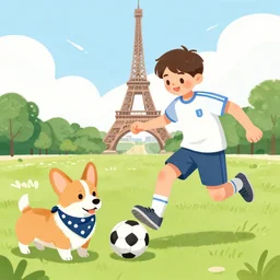illustration of french boy in paris playing football against a corgi, the dog is wearing a polka dot scarf