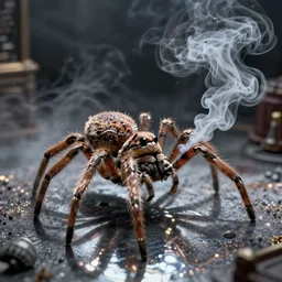 an adorable spider exhaling smoke in a smoke filled room, comic art, ultra high resolution, high detail, particle reflections, surface reflections, digital artwork