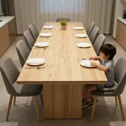 endless dining table with a kid sitting on the other end