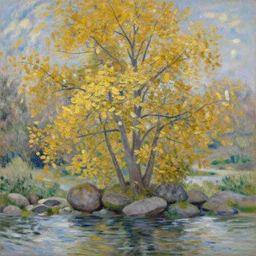 a highly detailed matte oil painting by monet of a very tall tree with lots of golden leaves growing on a pile of rocks in the middle of a river.