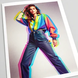 portrait of a fashion model, exuberant geometric glitch style, colorful, dynamic pose, beautiful realistic face, octane render, vray, detailed, wide angle, halftoned, editorial photography, matte print, grainy light, ( ( dither ) ), risograph, high contrast, screen print, rich grainy texture