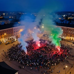 hundred football fans in tampere finland central square. photorealistic. blue smoke green smoke. red flares. night time. drone footage.