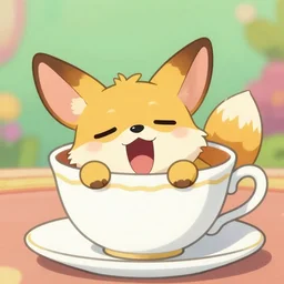 A tiny yawning vulpix sleeping in a teacup, close angle, cartoon, colorful