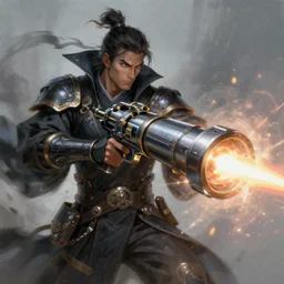 A sorcerer wielding a futuristic blast cannon, bust shot, smooth, intricate, elegant, power aura, digital painting, artstation, concept art, high tech fantasy, sharp focus, illustration, art by Zhang Jingna-H 640