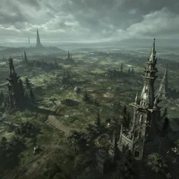 a vast landscape with lots of unique landmarks, this is truly a beautiful view, screenshot from bloodborne