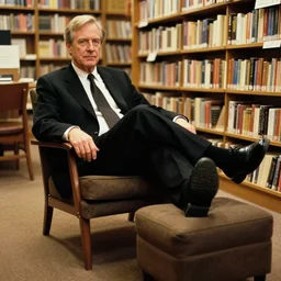 2 0 0 3 john lasseter wearing a black suit and necktie and black shoes sitting in a chair with his legs resting on top of a footstool in a bookstore.
