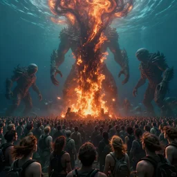 underwater fractal of the crowd of people of last survivors on earth witness the end of the world, big fire forest pillar in the center, big titan creature apocalypse scene, by giger and vladimir kush, au naturel, hyper detailed, digital art, trending in artstation, cinematic lighting, studio quality, smooth render, octane rendered...