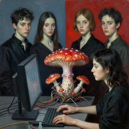 fungus connected with wires and cords to a 9 0 s computer, ayami kojima, karol bak, neo - gothic, rich split - complementary colors. beksinski painting, adrian ghenie, gerhard richter, takato yamamoto. realistic detailed image
