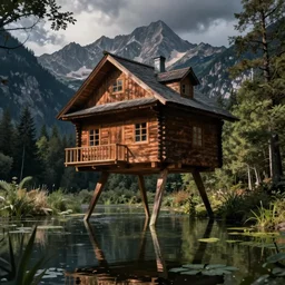 A wooden house with a long legs walking through the pond surrounded by trees. Mountains in the background. Beksinski style