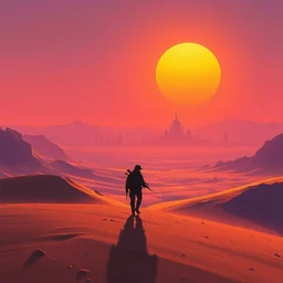 matte painting, background studio ghibli, soldier roaming through desert with city in the skyline, two suns, purple orange colors, sharp focus, illustration, highly detailed, digital painting, concept art, matte, art by wlop and artgerm and greg rutkowski, masterpiece
