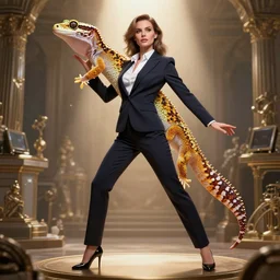 fullbody!! personification of a gecko as a business woman, stunning, beautiful face, hyperrealistic, trending on artstation, smooth and sharp, intricate, fine details, highly detailed, elegant, dynamic pose, radiant light, detailed and intricate environment, professional character concept art by tatyana kupriyanova and greg rutkowski and raymond swanland