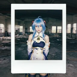 atmospheric Polaroid photo of a reimu hakurei cosplayer in an abandoned facility