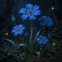beautiful digital matte painting of whimsical botanical illustration blue flowers fireflies enchanted dark background dark contrast by android jones and alena aenami