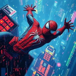 a close - up grainy, painting, spiderman, floating above the metaverse, glitch art, neon colors, style by moebius and kim jung gi and barlowe wayne