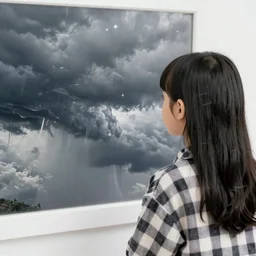 a very young girl with long black hair and chequered!! robe!! is watching a storm inside a symmetrical fantasy crystal. atmospheric, eyes are shining, 4 k, highly detailed. surrounded by golden rays of light