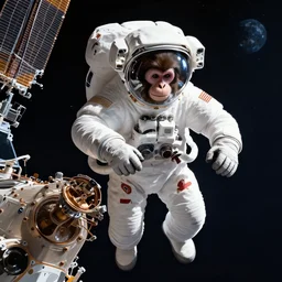 a monkey astronaut repairing a satellite in space, hyperrealistic, cinematic, artstation