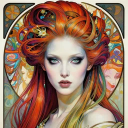 head and shoulders portrait of woman, cybergoth hair style, pale skin, piercing eyes, cyberpunk, vibrant color, high detail, intricate, impossible beauty, ponytail, masterpiece by craig mullins, ruan jia, peter mohrbacher, krenz cushart, norman rockwell, alphonse mucha