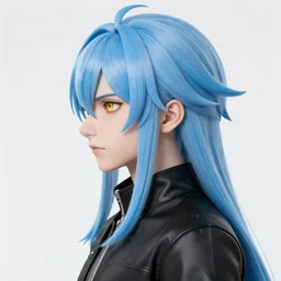 side profile of rimuru tempest with sky blue hair, long hair, sharp face, gold eyes, high collar, black jacket | shiny, highly detailed, rain, professional digital painting, concept art, award - winning photography, cinematic, wlop | art by pixiv art, yoshitaka amano, junji ito