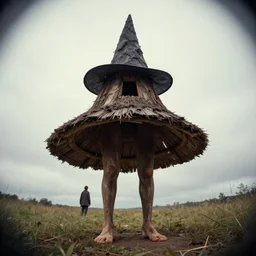 witch hut standing on human legs, greg rutkowski, zabrocki, karlkka, jayison devadas, trending on artstation, 8 k, ultra wide angle, zenith view, pincushion lens effect