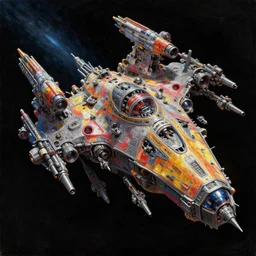 stylistic vray 3 d render of sidescrolling shooter robotech macross spaceship with lots of tiny guns, outer space, hyperrealism, fine detail, 8 k, artsation contest winner, cgsociety, fantasy art, cryengine, brush strokes, oil, canvas, gaudy colors on black background, photorealism, daz 3 d, sketchfab, zbrush,, by mandy jurgens, artgerm, lu ji, robert mccall and michael whelan